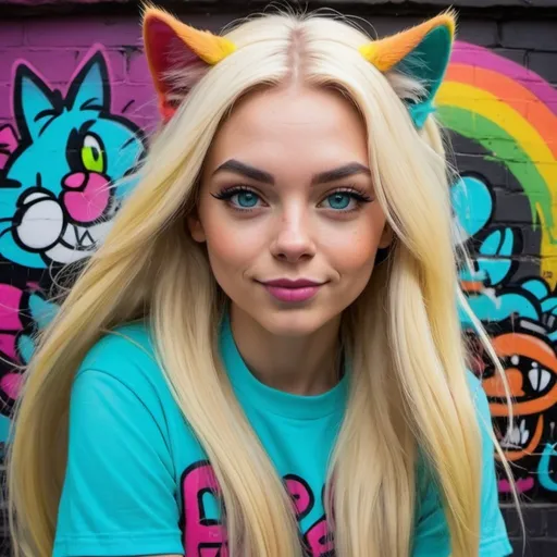 Prompt: Cartoon attitude  characture graffitti blonde neon rainbow long hair the Chester cat and Alice  
