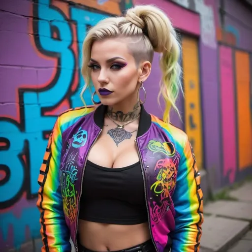 Prompt: Rainbow neon graiffiti Blonde rainbow neon microbraided updo really long hair rainbow hair some hanging down messy bun style leprachaun revealing extra large cleavage full lips bold make up tattoos wearing exotic graffii leather with leather bold graffiti design bomber jacket medusa graffiti outfit cyberpunk  bold graffiti