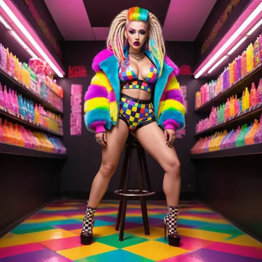 Prompt: Neon cyberpunk medusa microbraided blonde and rainbow hair revealing extra large cleavage full lips
with high heel shoes wearing a matching fur bomber jacket and enchanting revealing matching outfit exotic pose  and a matching rainbow checkered floor designer candy pops
