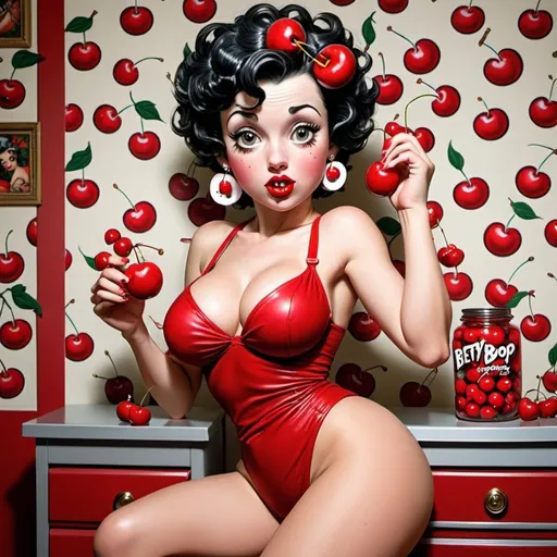 Prompt: Human Betty boop hip-hop female with extra large revealing cleavage and eating a large cherry  and the room decorated with cherry shaped jars and cherries on the wall paper and furniture 