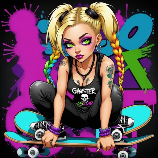 Prompt:  A gangster phsyco ghetto cartoon characture blonde exotic revealing  rainbow multicolored microbraided hair female with green eyes revealing extra large cleavage exotic adult  on skateboard spraypaint and neon yellow  purple pink green ed blue purple multicolored graffiti outfit and shoes gothic punk steam punk emo exotic classy gangster stylish original graffiti tech touch graffitti black backround exotic adult
