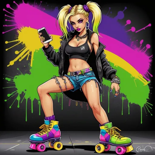 Prompt: A gangster phsyco ghetto cartoon characture blonde rainbow multicolored microbraided hair female with green eyes revealing extra large cleavage on rollerskates spraypaint and neon yellow  purple pink green ed blue purple multicolored graffiti outfit and shoes gothic punk steam punk emo exotic classy gangster stylish original graffiti tech touch graffitti black backround exotic adult
