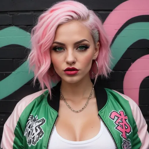 Prompt: Red full lips multicolored microbraided pastel hair green eyes revealing cleavage wearing a pink and white graffitti printed crop top  and sedusa bomber jacket i front of a black wall backround - sedusa adornment