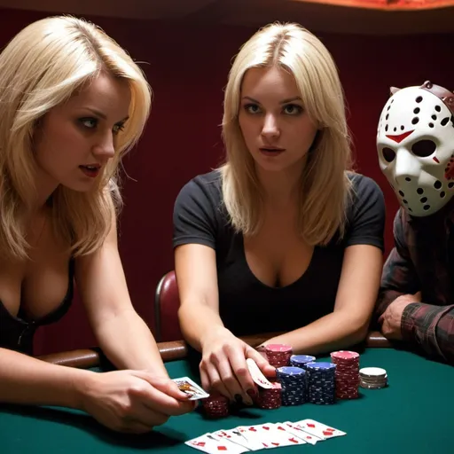 Prompt: Blonde female playing poker with Freddy and jason