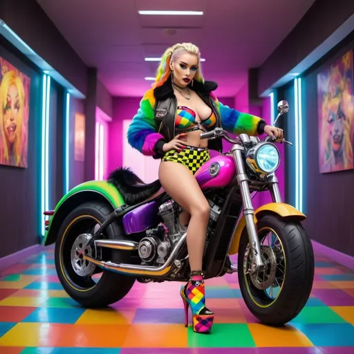 Prompt: Neon cyberpunk medusa microbraided blonde and rainbow hair revealing extra large cleavage full lips
with high heel shoes wearing a matching fur bomber jacket and enchanting revealing matching outfit exotic pose  and a matching rainbow checkered floor riding a chopperbike
