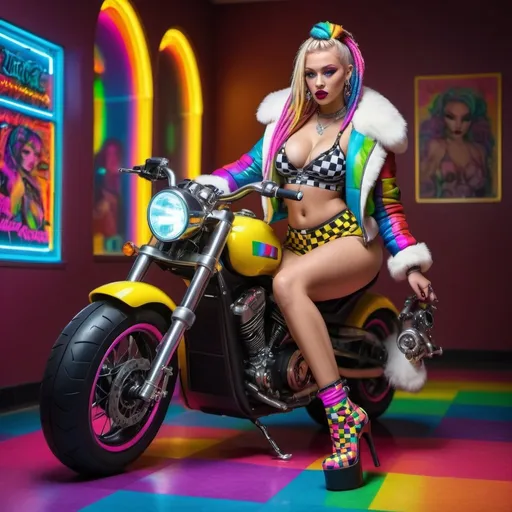 Prompt: Neon cyberpunk medusa microbraided blonde and rainbow hair revealing extra large cleavage full lips
with high heel shoes wearing a matching fur bomber jacket and enchanting revealing matching outfit exotic pose  and a matching rainbow checkered floor riding a chopperbike
