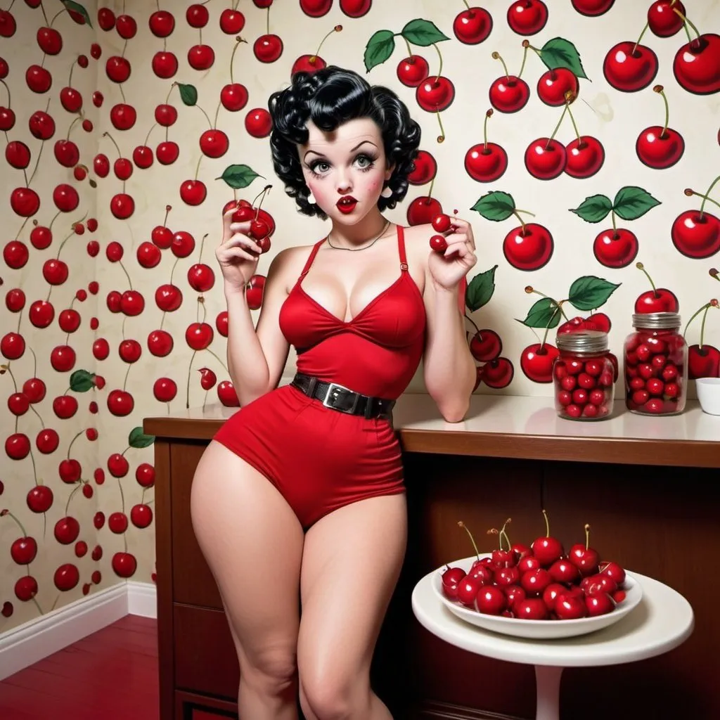 Prompt: Human Betty boop hip-hop female with extra large revealing cleavage and eating a large cherry  and the room decorated with cherry shaped jars and cherries on the wall paper and furniture 