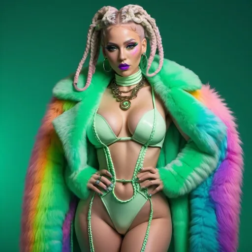 Prompt: Neon cyberpunk medusa microbraided blonde pastel rainbow hair revealing extra large cleavage full lips high heel shoes wearing a matching fur coat and enchanting revealing matching outfit exotic pose on a solid green backround