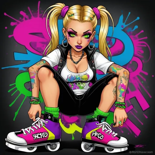 Prompt: A gangster phsyco ghetto cartoon characture blonde rainbow multicolored microbraided hair female with green eyes revealing extra large cleavage on rollerskates spraypaint and neon pink green yellow red blue purple multicolored graffiti outfit and shoes gothic punk steam punk emo exotic classy gangster stylish original graffiti tech touch graffitti backround 
