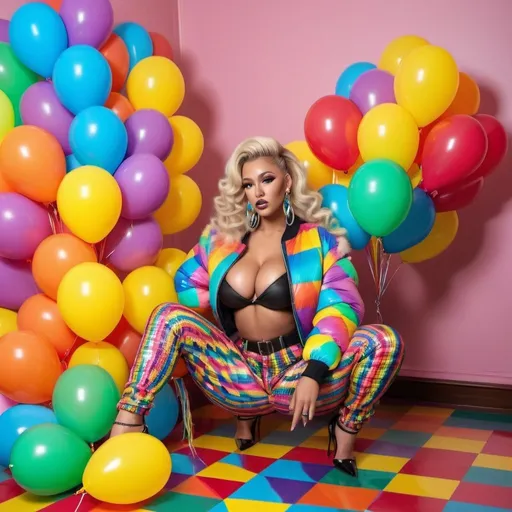 Prompt: Blonde Rainbow medusa microbraided blonde rainbow neon long designer hair revealing extra large cleavage full lips
with high heel shoes wearing a matching fur bomber jacket and enchanting revealing matching outfit exotic pose and a matching rainbow checkered floor designer balloons
