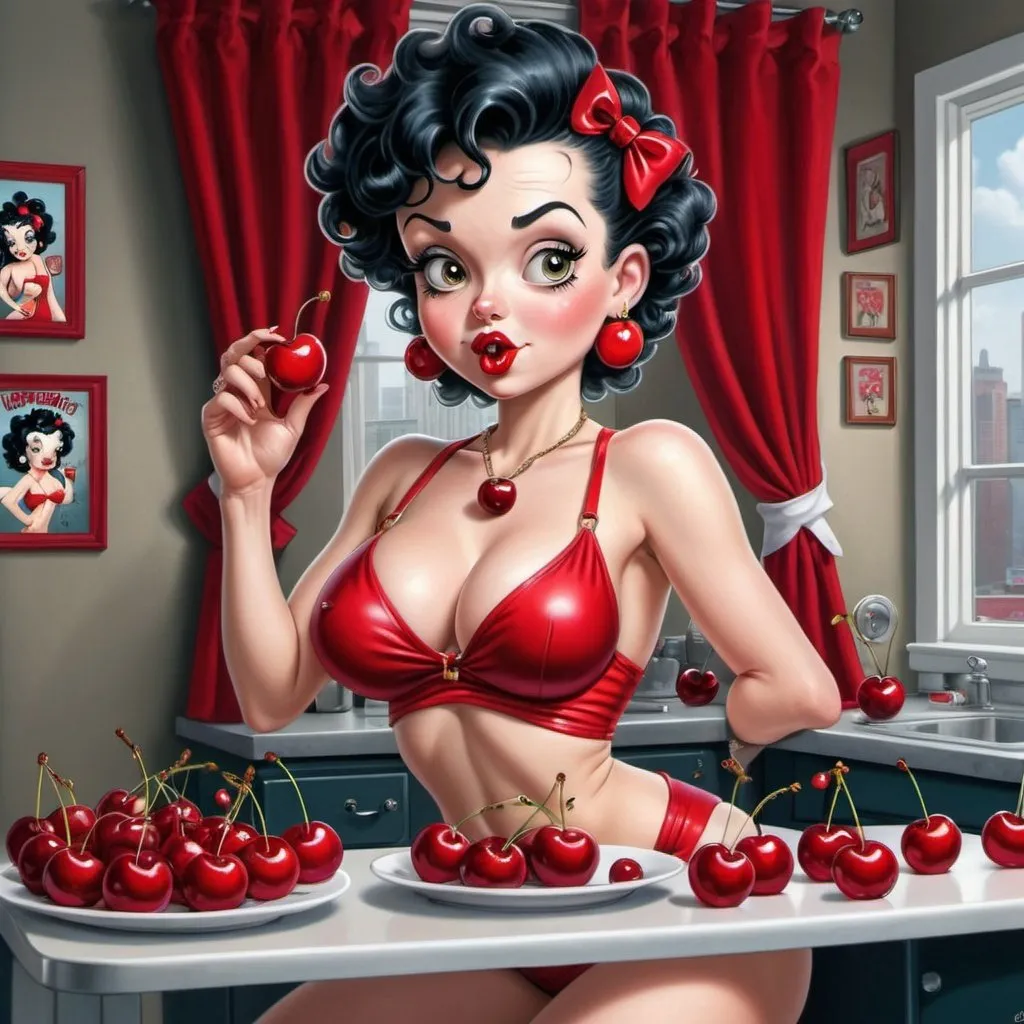 Prompt: Human Betty boop hip-hop female with extra large revealing cleavage and eating a large cherry  and the room decorated with cherry decor