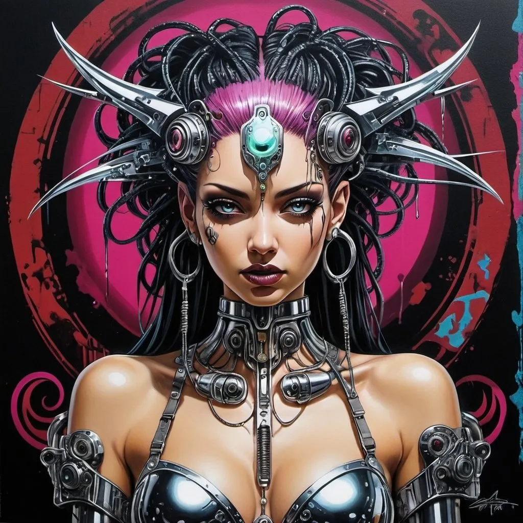 Prompt: Sedusa Adornment graffiti art print cyberpunk chrome 
