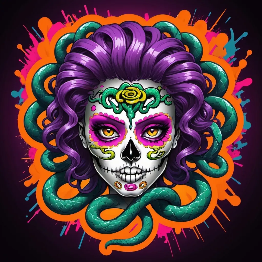 Prompt: Graffiti logo medusa with snake hair colorful graffitti bomb backround neon sugar skull