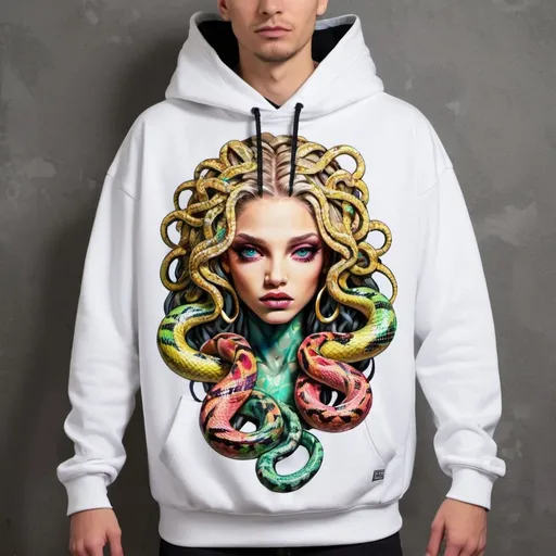 Prompt: Graffit medusa microbraided blonde long multicolored snake hair catoon print charachter on a hoodie - sedusa adornment