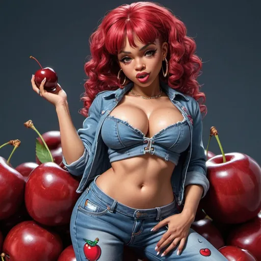 Prompt: Little Annie hip-hop character female with extra large revealing cleavage and holy freyed tight jeans eating a big cherry