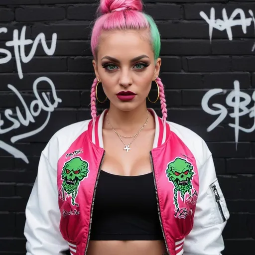 Prompt: Red full lips multicolored microbraided pastel hair green eyes revealing cleavage wearing a pink and white graffitti printed crop top  and sedusa bomber jacket i front of a black wall backround - sedusa adornment