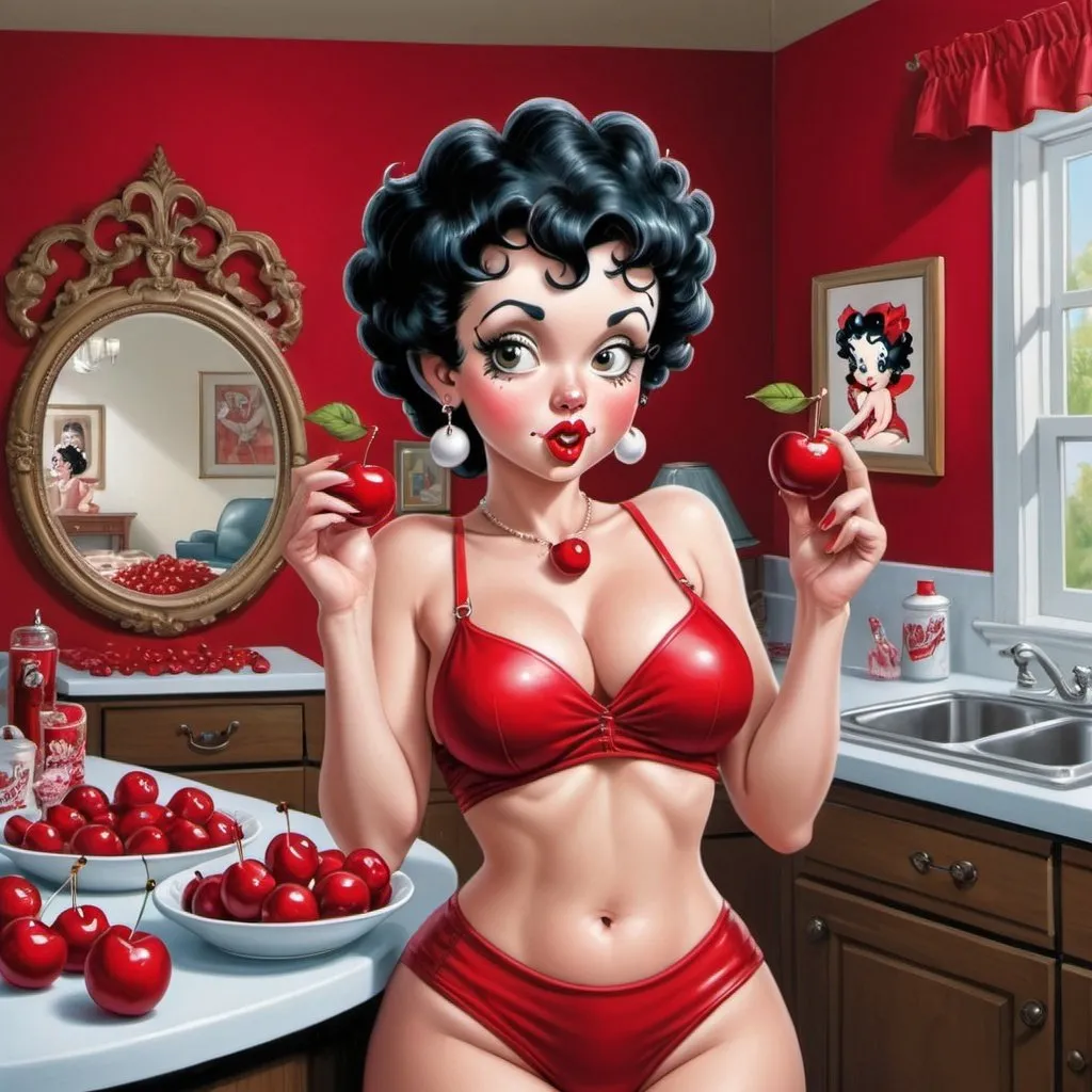 Prompt: Human Betty boop hip-hop female with extra large revealing cleavage and eating a large cherry  and the room decorated with cherry decor
