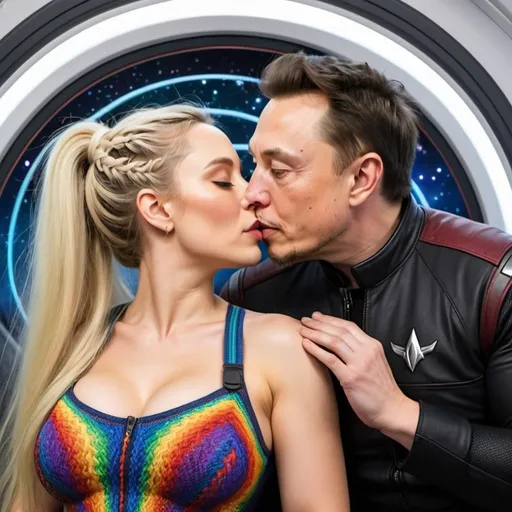 Prompt: Blonde female rainbow microbraided hair revelaing extra large cleavage and sleeping in a space pod beside and  kissing elon musk 