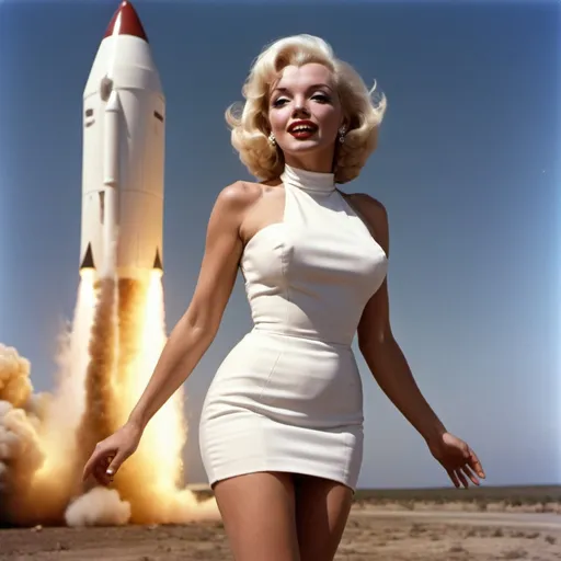 Prompt: Marlyne  Monroe in her famous white mini dress with the wind blowing it up above her waist at one of elon musks rocket launches 