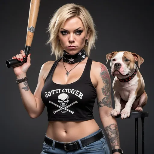 Prompt: Blonde female showing cleavage and tattoos wearing a black tank top and black and white bandana over the bottom half of her face and a hand gun in one hand and a spiked baseball bat in the other hand  standing with a cane cursor mastiff a bully gotti pitbull also Freddy cruger, chucky  and jason  