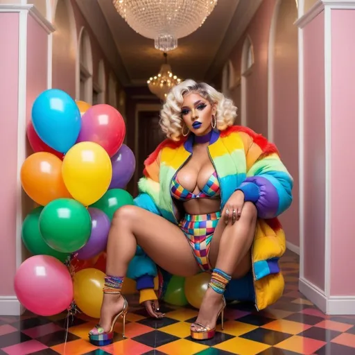 Prompt: Rainbow medusa microbraided blonde and rainbow hair revealing extra large cleavage full lips
with high heel shoes wearing a matching fur bomber jacket and enchanting revealing matching outfit exotic pose and a matching rainbow checkered floor chrome balloons
