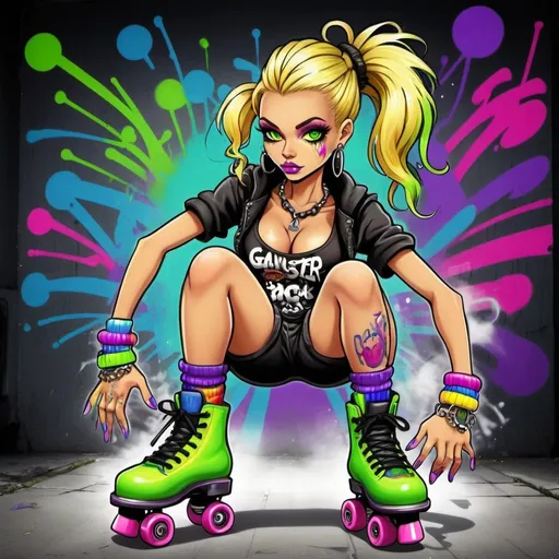 Prompt: A gangster phsyco ghetto cartoon characture blonde rainbow multicolored microbraided hair female with green eyes revealing extra large cleavage on rollerskates spraypaint and neon yellow  purple pink green ed blue purple multicolored graffiti outfit and shoes gothic punk steam punk emo exotic classy gangster stylish original graffiti tech touch graffitti backround 
