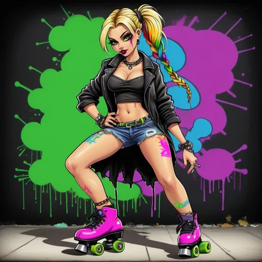 Prompt: A gangster phsyco ghetto cartoon characture blonde rainbow multicolored microbraided hair female with green eyes revealing extra large cleavage on rollerskates spraypaint and neon yellow  purple pink green ed blue purple multicolored graffiti outfit and shoes gothic punk steam punk emo exotic classy gangster stylish original graffiti tech touch graffitti black backround 
