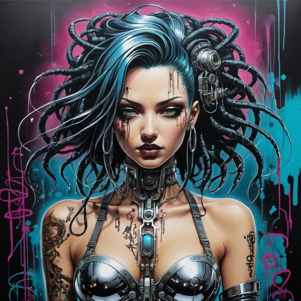 Prompt: Sedusa Adornment graffiti art print cyberpunk chrome 
