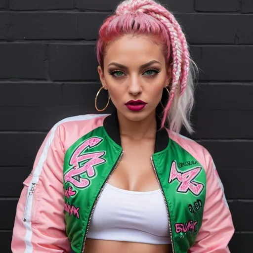 Prompt: Red full lips pastel multicolored microbraided hair green eyes revealing cleavage wearing a pink and white graffitti printed crop top  and sedusa bomber jacket i front of a black wall backround - sedusa adornment