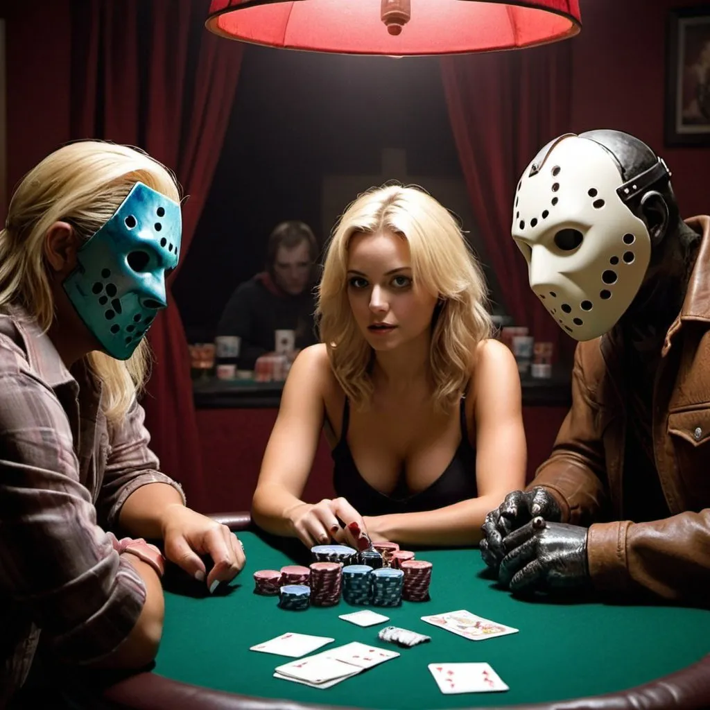 Prompt: Blonde female playing poker with Freddy and jason