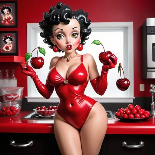 Prompt: Human Betty boop hip-hop female with extra large revealing cleavage and cherry outfit also eating g a cherry cherry decor