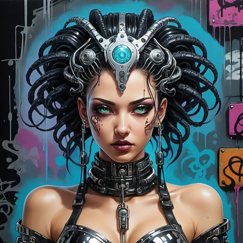 Prompt: Sedusa Adornment graffiti art print cyberpunk chrome 
