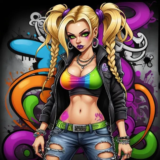 Prompt: A gangster phsyco ghetto cartoon characture blonde rainbow multicolored microbraided hair female with green eyes revealing extra large cleavage spraypaint and neon purple green yellow pink red blue orange multicolored graffiti outfit and shoes gothic punk steam punk emo exotic classy gangster stylish original graffiti tech touch graffitti backround 
