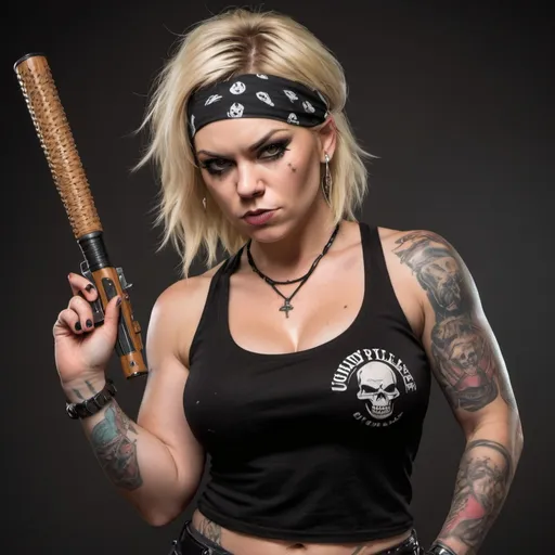 Prompt: Blonde female showing cleavage and tattoos wearing a black tank top and black and white bandana over the bottom half of her face and a hand gun in one hand and a spiked baseball bat in the other hand  standing with a cane cursor mastiff a bully gotti pitbull also Freddy cruger, chucky  and jason  