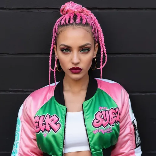 Prompt: Red full lips pastel multicolored microbraided hair green eyes revealing cleavage wearing a pink and white graffitti printed crop top  and sedusa bomber jacket i front of a black wall backround - sedusa adornment