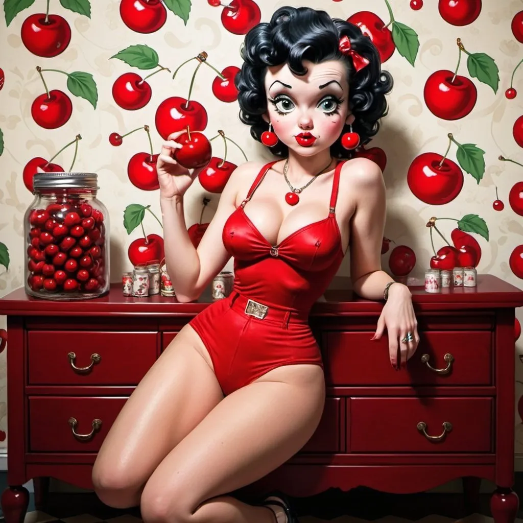 Prompt: Human Betty boop hip-hop female with extra large revealing cleavage and eating a large cherry  and the room decorated with cherry shaped jars and cherries on the wall paper and furniture 