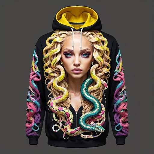 Prompt: Graffit medusa microbraided blonde long multicolored snake hair catoon print charachter on a hoodie - sedusa adornment