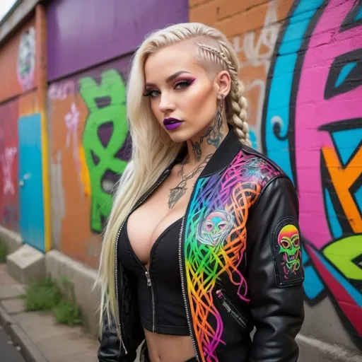 Prompt: Rainbow neon graiffiti Blonde rainbow neon microbraided really long hair leprachaun revealing extra large cleavage full lips bold make up tattoos wearing exotic graffii leather with leather bold graffiti design bomber jacket medusa graffiti outfit cyberpunk  bold graffiti