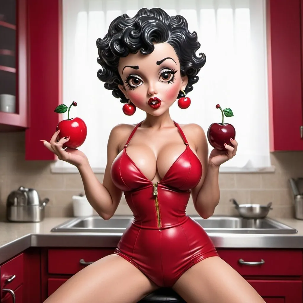 Prompt: Human Betty boop hip-hop female with extra large revealing cleavage and cherry outfit also eating g a cherry cherry decor