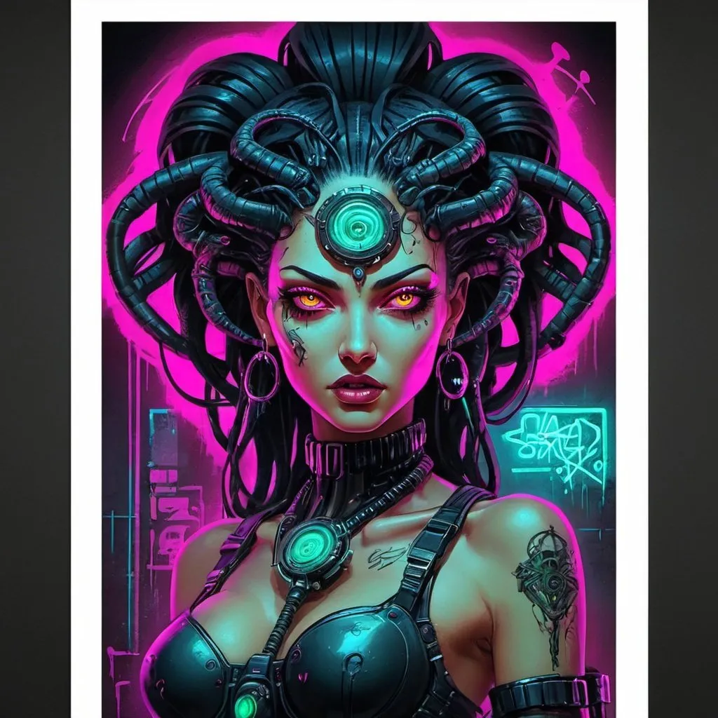 Prompt: Sedusa Adornment graffiti art print cyberpunk neon