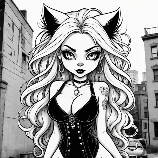 Prompt: Coloring page Cartoon attitude characture graffitti long hair revealing extra large cleavage the Chester cat and gothic piercings 