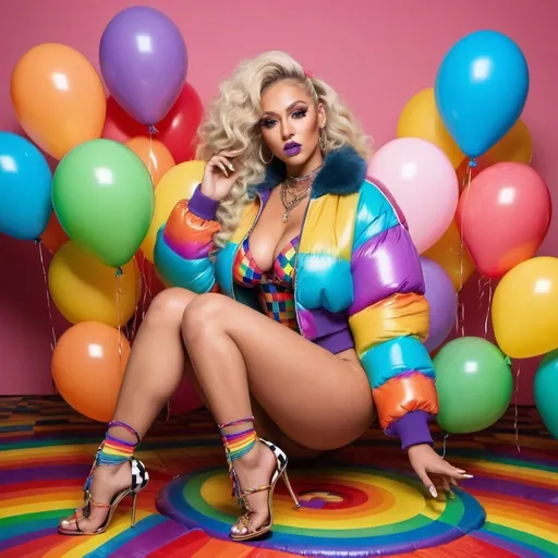 Prompt: Blonde Rainbow medusa microbraided blonde rainbow neon long designer hair revealing extra large cleavage full lips
with high heel shoes wearing a matching fur bomber jacket and enchanting revealing matching outfit exotic pose and a matching rainbow checkered floor designer balloons
