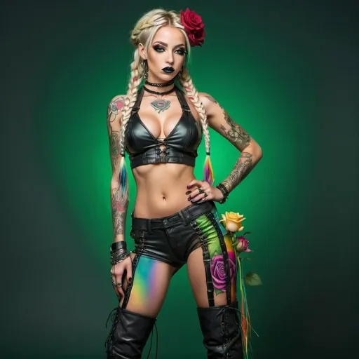 Prompt: New age techno art cyber punk natural large eyes female with blonde rainbow long microbraided hair revealing large cleavage full lips and tattoos  fully body wearing thigh higheel boots  exotic pose holding a black rose on solid green backround