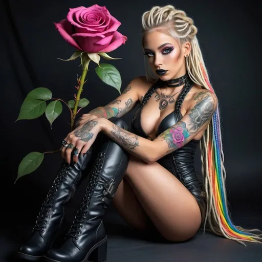 Prompt: New age techno art cyber punk natural large eyes female with blonde rainbow long microbraided hair revealing large cleavage full lips and tattoos  fully body wearing thigh higheel boots  exotic pose holding a black rose 