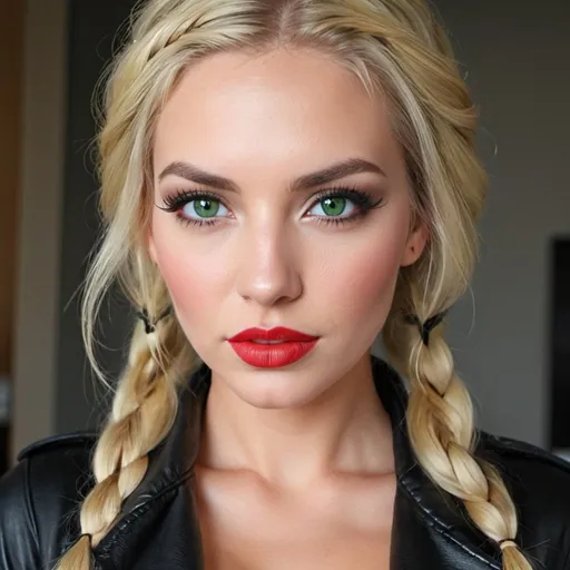 Prompt: Green eyes blonde long extra volume microbraided long full  hair full red lips revealing large cleavage tight outift leather wrap around revealing round face countour make up false eyelashes bold designer