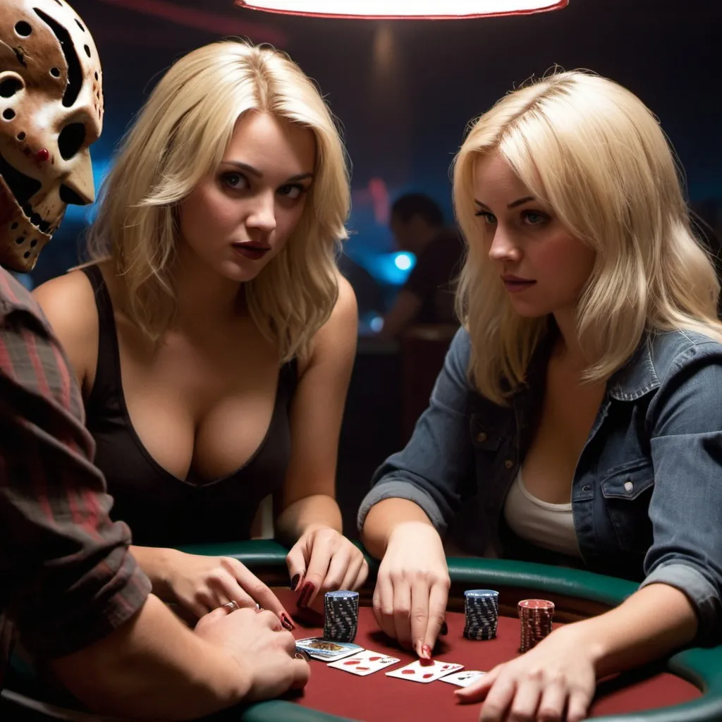 Prompt: Blonde female playing poker with Freddy and jason