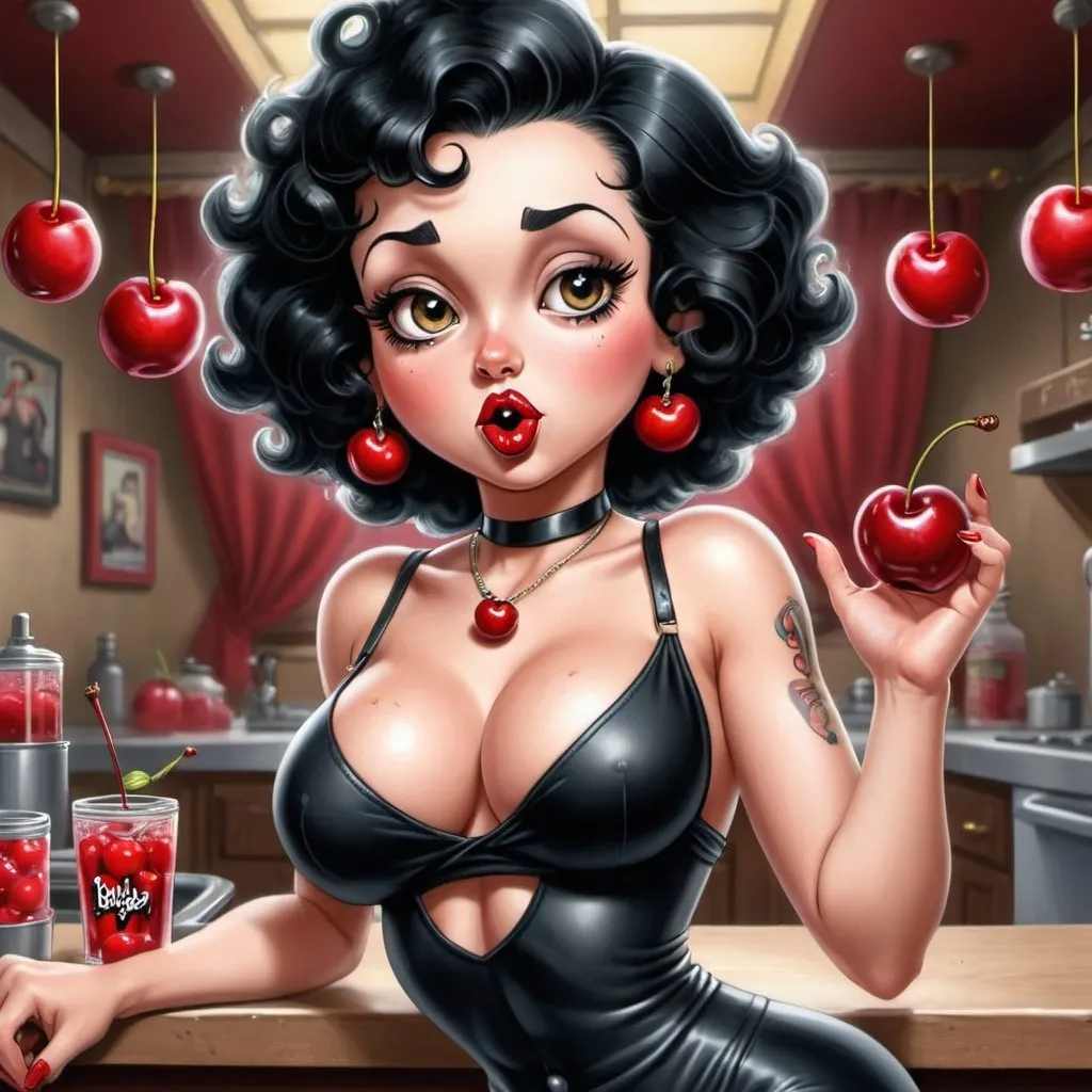 Prompt: Betty boop hip-hop character female with extra large revealing cleavage and holy freyed black tight outfit eand eating a large cherry