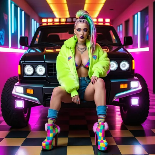 Prompt: Neon cyberpunk medusa microbraided blonde and rainbow hair revealing extra large cleavage full lips
with high heel shoes wearing a matching fur bomber jacket and enchanting revealing matching outfit exotic pose  and a matching rainbow checkered floor driving a cybertruck
