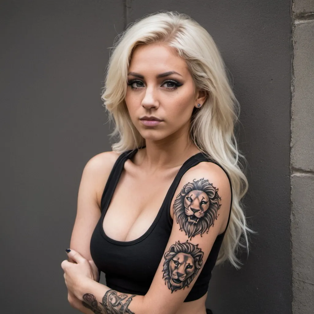 Prompt: Blonde female showing cleavage wearing a black tank crop top with lion tattoo on her arm and medusa tattoo on her other arm 