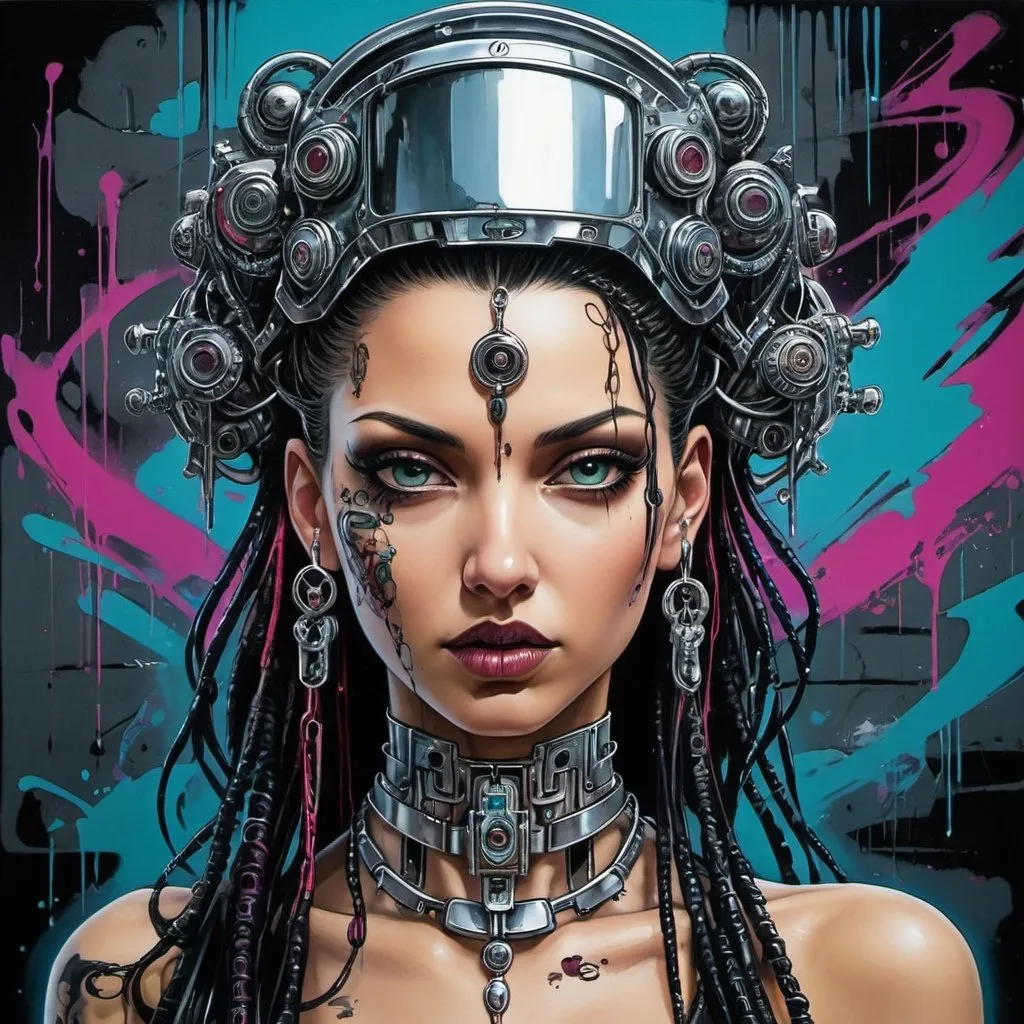 Prompt: Sedusa Adornment graffiti art print cyberpunk chrome 
